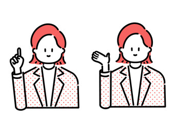 意見を提案・指し示すビジネスウーマンのイラスト素材セット（赤）　Illustration material set of business woman who proposes and points to opinions (red)