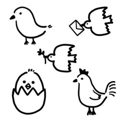 手描きの鳥のイラスト　モノクロ