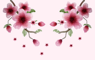 Fototapeta na wymiar watercolor cherry blossom painting wallpaper, Japanese Cherry Blossom Art, Pink flowers illustration, Sakura Cherry Blossom Branch Line Art, floral pink background