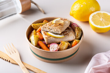 Vegan Plant based fish, fishless fillets with roasted vegetables