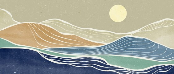 Creative minimalist hand painted illustrations of Mid century modern. Abstract contemporary aesthetic backgrounds landscapes. with mountain, forest and Ocean wave line art
