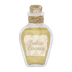Watercolor illustration with vintage yellow potion bottle decorated with rope and labels. Isolated on white.