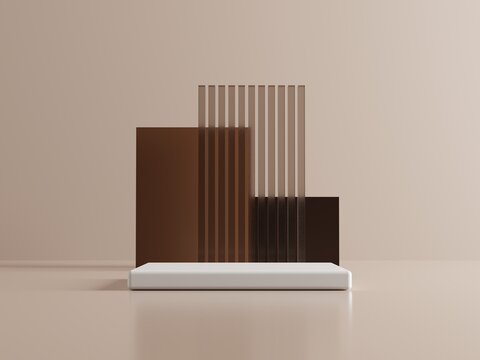 3d minimal white display podium in brown tone colors background. 3d rendering of abstract presentation for product advertising. 3d minimal illustration.