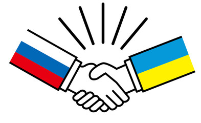 ロシアとウクライナ、国旗がついた手が握手　国家間の戦争紛争　同盟、和解、合意のイメージイラスト