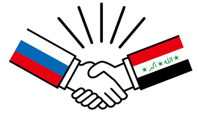 ロシアとイラク、国旗がついた手が握手　国家間の戦争紛争　同盟、和解、合意のイメージイラスト