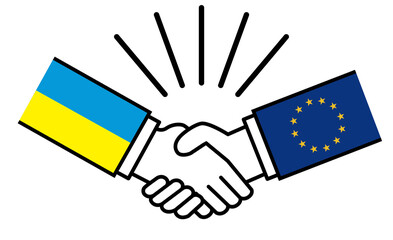 ウクライナとユーロ、国旗がついた手が握手　国家間の戦争紛争　同盟、和解、合意のイメージイラスト - obrazy, fototapety, plakaty