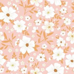 Obraz premium Seamless vintage pattern. White flowers, orange leaves. Light pink background. vector texture. fashionable print for textiles, wallpaper and packaging.