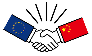 ユーロと中国、国旗がついた手が握手　国家間の戦争紛争　同盟、和解、合意のイメージイラスト