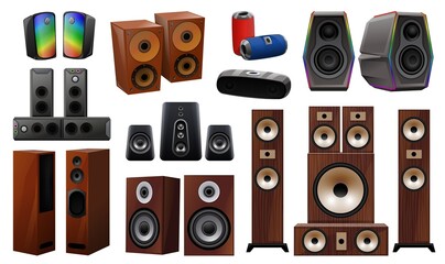 Stereo system icons set cartoon vector. Subwoofer speakers