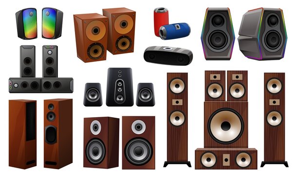 Stereo system icons set cartoon vector. Subwoofer speakers