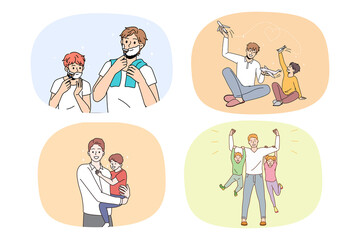 Collection of smiling young dad have fun spend time with small children. Set of happy loving dad relax play with little kid child. Fatherhood concept. Upbringing and childcare. Vector illustration. 