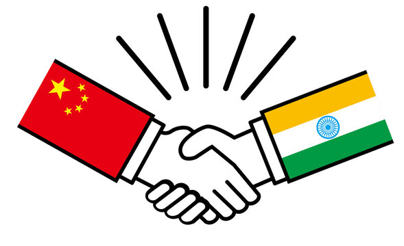中国とインド 国旗がついた手が握手 国家間の戦争紛争 同盟 和解 合意のイメージイラスト Stock Vector Adobe Stock