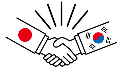 日本と韓国、国旗がついた手が握手　国家間の戦争紛争　同盟、和解、合意のイメージイラスト - obrazy, fototapety, plakaty