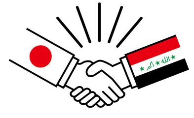 日本とイラク、国旗がついた手が握手　国家間の戦争紛争　同盟、和解、合意のイメージイラスト