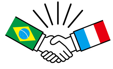 ブラジルとフランス、国旗がついた手が握手　国家間の戦争紛争　同盟、和解、合意のイメージイラスト