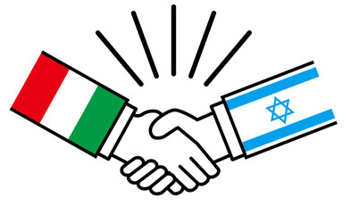 イタリアとイスラエル、国旗がついた手が握手　国家間の戦争紛争　同盟、和解、合意のイメージイラスト