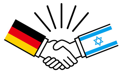 ドイツとイスラエル、国旗がついた手が握手　国家間の戦争紛争　同盟、和解、合意のイメージイラスト