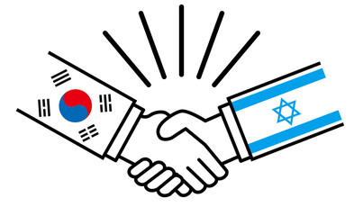 韓国とイスラエル、国旗がついた手が握手　国家間の戦争紛争　同盟、和解、合意のイメージイラスト