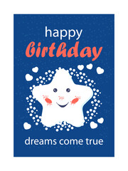 birthday card. White cheerful star on blue background with hearts and with an inscription dreams come true. Vector illustration EPS8