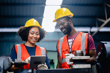 Industrial workers or Technicians using a digital tablet and discussing workshops mechanical maintenance in a factory, Working together, Coordination and Teamwork Concept.