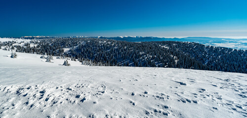 Nizke Tatry, Velka Fatra and Kremnicke vrchy from Veterne hill in winter Mala Fatra mountains in Slovakia © honza28683