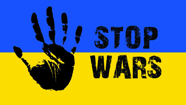 Stop War Banner text with Ukraine flag. International protest, Stop the war against Ukraine. Vector illustration with handprint on background

