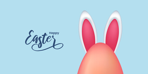 Fototapeta premium Elegant simple happy easter banner with ears bunny with pink pastel egg illustration concept