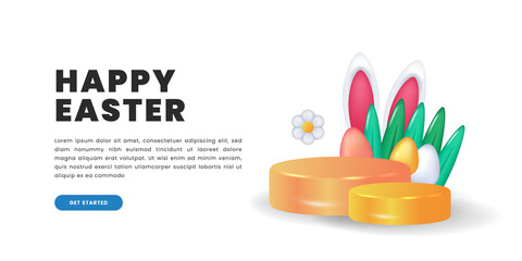 cute easter concept with 3d cylinder podium product display with ear bunny, egg, and grass decoration