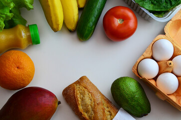 Healthy food background. Healthy food vegetables and fruits on white, copy space, banner. Shopping food supermarket and clean eating concept. delivery of products when ordering online