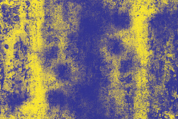 Yellow with blue painted old abandoned rough concrete wall surface for texture background