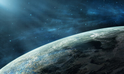 Space background. Close up planet with blue nebula and stars. Elements furnished by NASA. 3D rendering