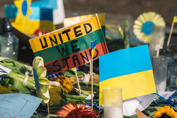 Peaceful demonstration against war, Putin and Russia in support of Ukraine, with Lithuanian and...