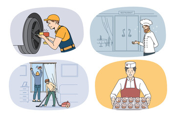 Collection of male jobs and professions. Set of men occupations and careers. Mechanic or repairman, chef, cleaner and pastry cook. People works and positions. Vector illustration. 