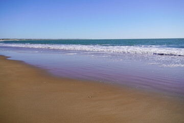 Empty sand beach ocean in front of summer sea background with copy space