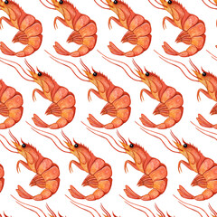 Obraz premium Fresh shrimp watercolor seamless pattern. Hand-drawn illustration on white background. Sea delicacy in shell. Raw or boiled prawn meat, seafood. Backdrop for decoration, menu design, cafe, web