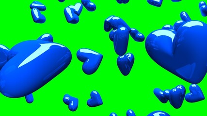 Blue hearts on green chroma key background.
3D illustration for background.