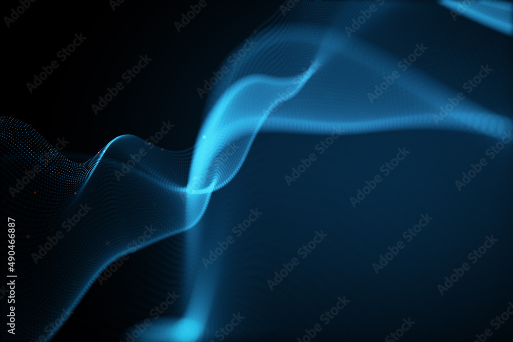 Poster creative glowing blue wave hologram on dark texture. technology and metaverse concept. 3d rendering.