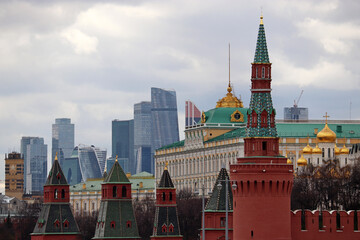 View of the Kremlin towers and Moscow city skyscrapers at spring