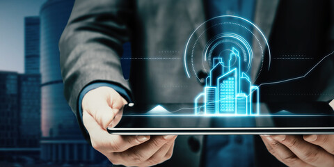 Close up of businessman hand holding abstract smart city hologram on blurry background. Technology, innovation and communication concept. Double exposure.