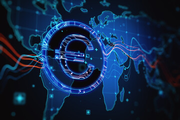 Fototapeta premium Abstract glowing blue euro sign and map with charts on blurry backdrop. Currency, trade and digital market concept. 3D Rendering.