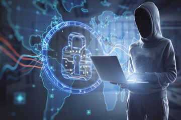 Hacker in hoodie using laptop with abstract digital padlock and map hologram on blurry office...