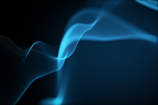 Creative glowing blue wave hologram on dark texture. Technology and metaverse concept. 3D Rendering.