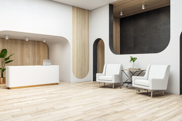 Modern wooden office interior with reception desk. Waiting area and lobby concept. 3D Rendering.