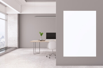 Modern concrete office interior with empty white mock up poster, panoramic city view, desktop with computer and daylight. 3D Rendering.