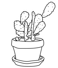 Cactus plant in a pot. Vector doodle illustration. Line art of cactus.