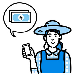 スマートフォンを持ってお金の説明をしている麦わら帽をかぶった農家の女性
