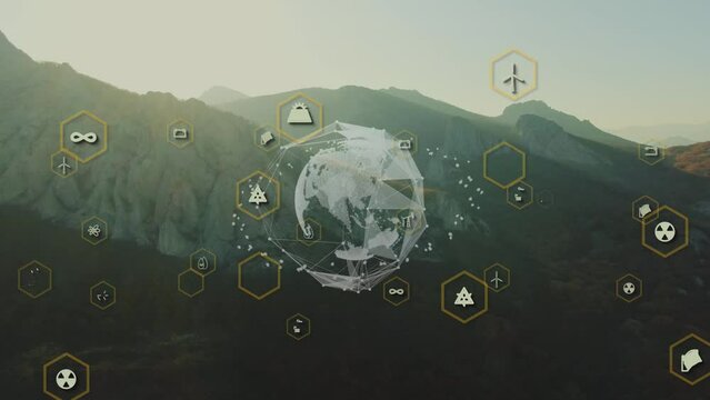 The idea of balancing nature and humanity's industries. Industrial logos with a globe on the background of oassvet in the mountains. Flight in space
