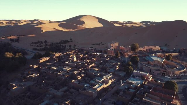 4K Footage, Aerial view of the authentic ancient Taghit in the Sahara Desert, Algeria 
