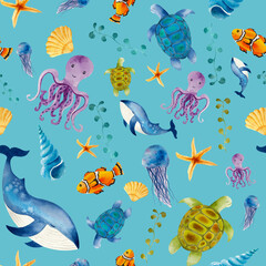 Childrens cute animal pattern, background, Sea life, wildlife, octopus, star fish, jelly fish, seamless pattern, illustration, aquatic, wallpaper, texture, print, cartoon, Hello summer