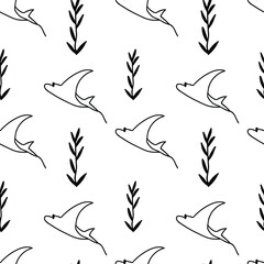Obraz premium Seamless vector black and white pattern with underwater worlds. Marine repeating ornament on transparent background in doodle style. Design for wrapping paper, fabric, packaging, textiles, wallpaper.